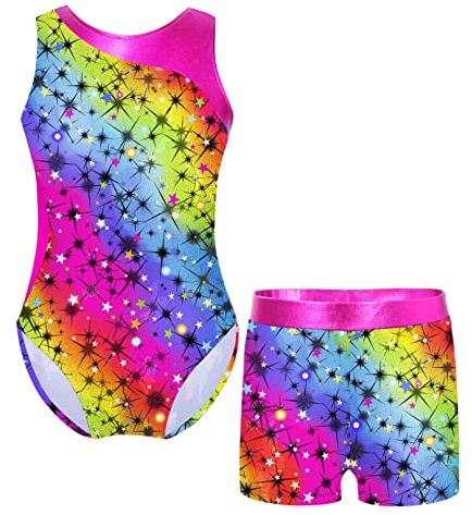 TiaoBug Body da Ginnastica Artistica Bambine Ragazze Senza Maniche Leotards con Pantaloncini Metallici Tuta da Danza Classica Balletto Stampato Patchwork per Danza Allenamento Rosa scuro 9-10 anni