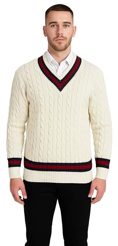 Maglione da uomo con scollo a V lavorato a maglia da cricket, maglione da cricket a maniche lunghe color crema a maniche lunghe lavorato a maglia maglione da golf abbigliamento sportivo pullover felpa
