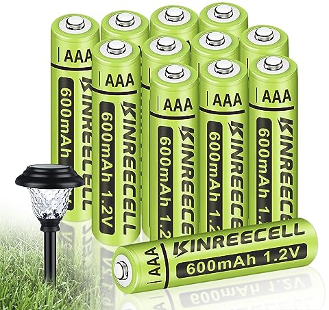 KINREECELL Wiederaufladbare AAA-Batterien, NI-MH-Triple-A-Solarbatterien mit echter Kapazität, 1.2 V vorgeladen für Solarleuchten, Lichterketten, Solar-Wegeleuchten (AAA-600 mAh, 12 Stück)
