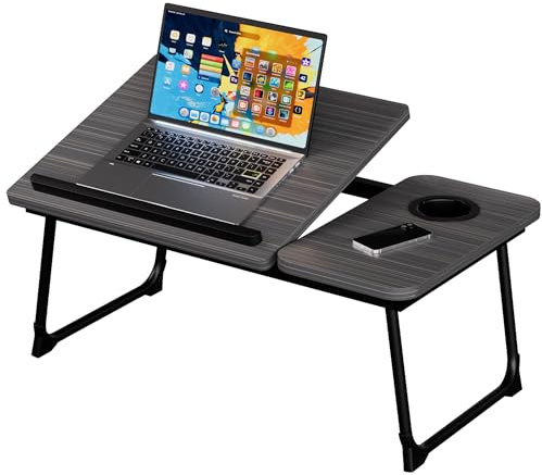 Laptop Bed Table, Laptop Bed Desk with Foldable Legs & Cup Slot, Adjustable Trays, Reading Book Holder Notebook Stand Laptop Tray for Bed, Sofa,Terrace,Carpet, Black