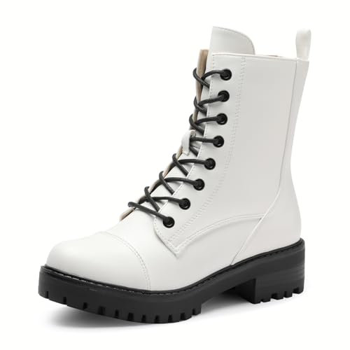 Zhabtuc Botines de combate con cremallera lateral con cordones para mujer, botas de combate de tacón bajo grueso y botas de plataforma, 36-42 EU, Blanco, 38.5 EU