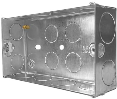 Evoges Double Metal Back Box, 35mm, 2 Gang, 1.0mm Thickness for Electrical Sockets Switches, BS4662 Standard, 20mm & 25mm Knockouts, Adjustable Lug, Brass Terminal (Pack of 1)