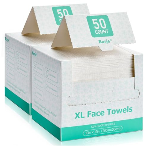 Borje Face Towels XXL, Disposable Face Towel 10 x 12, 100 Count (2 Packs of 50), 100% USDA Biobased Facial Towelettes, Ultra Soft & Hygienic Makeup Remover Dry Wipes for Women Cleansing