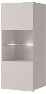 Mirjan24 Vetrina sospesa Calabrini BR05, apertura senza maniglie, armadietto a vetrina, armadietto alto, soggiorno, armadietto, vetrina (cashmere, con illuminazione LED bianca)