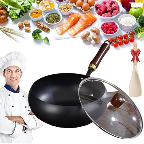 Mexicoify - Pentola in ferro spesso non rivestita, pentola in ghisa con rivestimento in ghisa, padella giapponese Suntuup, set di padelle per friggere e wok con coperchio antiaderente per induzione