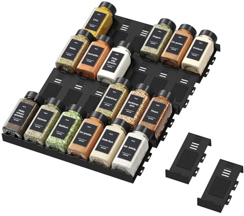 Lifewit Rangement d'Épices pour Cuisine, 24 Pièces Sans Bocaux, Étagère à Pot Epices de Tiroir Colocalisable et Antidérapants, Organisateur Réglable de Stockage pour Salle à Manger, Noir