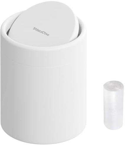 SolaceCove Desktop Trash can with Lid,0.4 Gallon Brushed Stainless Steel Countertop Trash Can with Swing Lid for Desktop Car Office Kitchen, Swing Top Trash Bin with a Roll of Trash Bag(White)