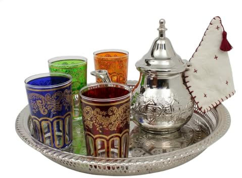Moroccan Tea Set Engraved Medium: Silver Teapot with Integrated Filter and Teapot Holder, 4 Multicoloured Tea Glasses and Silver Tray, Handmade in Morocco, Serving Mint Tea Gift Set