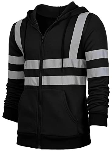 AUBIG Herren Sicherheitsjacke Kapuzen Sweatshirt Reflektierend Jacke Warnjacke Verkehr Arbeitsjacke Warnschutzjacke Schwarz 3XL