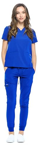 Dagacci Medical Uniform® Jogger Scrubs for Women Set – V-Neck Scrub Top & Elastic Jogger Scrub Pants for Women 8 Pockets Royal Blue XL