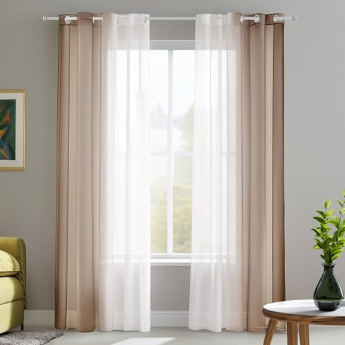 Deconovo Tende in Voile con Anelli, Tende Voile Semi-Trasparenti per Interni e Camera da Letto, 140x215cm (Larghezza x Altezza), Marrone