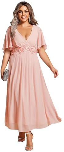 Ever-Pretty Vestito Donna Elegante Abito Cerimonia Donna con Applique e Collo V Midi Maniche a Volant Chiffon Stile Impero Rosa 48