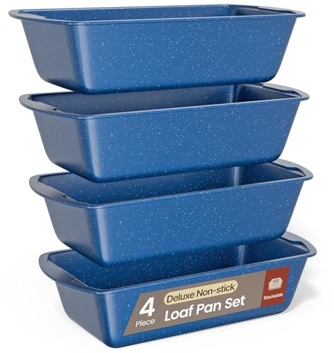 Nonstick Loaf Pan Set Pack of 4, Carbon Steel 11 Large Baking Bread Pan, Oven Safe Up to 450°F, PFOA, PFOS, PTFE Free, Space Saving Stackable Design, Stain Resistant, Dishwasher Friendly, Blue Marble