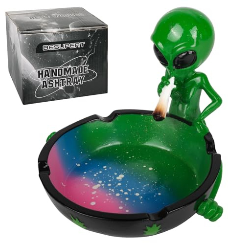 Ashtray, Cute Cool Hand-Painted Resin Ash Tray for Cigarettes and Cigar, Must Haves Funny Fantasy Home Decor Christmas Gift for Smoker, Tabletop Ornament for Indoor Outdoor Patio Use (New Green Pink)