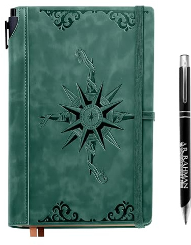 CECOMBINE Diario in pelle da uomo, formato A5, 200 pagine a righe, con bussola, per scrivere, include penna in un unico portapenne, taccuino in pelle per viaggi, ufficio, scrittura quotidiana, verde
