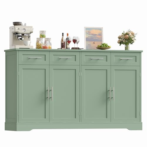 HOCSOK Credenza Cucina, 150 cm Madia Cucina con 4 Cassetti 4 Ante, Credenza Soggiorno con Maniglie in Metallo per Soggiorno, sala da pranzo, Ingresso, Mobile TV, 150×92×40 cm