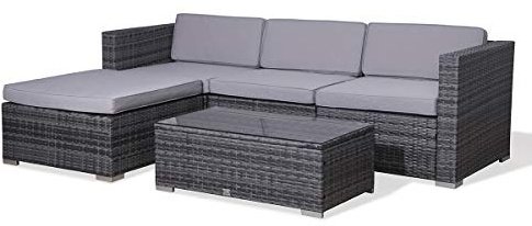 EVRE California Rattan Garden Furniture Set 5 Piece 3 Seater Sofa 1 Ottoman 1 Coffee Table Outdoor Wicker Weave Lounge Sofa and Glass Top Table with Cushions (MixedGrey)
