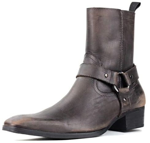 COWSDELLA Stivali da uomo in pelle con suola in gomma Stivali da Moto da Motociclista Cowboy con cerniera Chukka Stivaletti Classico Tacco Alto