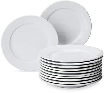 AmazonCommercial 12-Piece Porcelain, 7.5 Inch Wide Rim Dinner Plate Set, White
