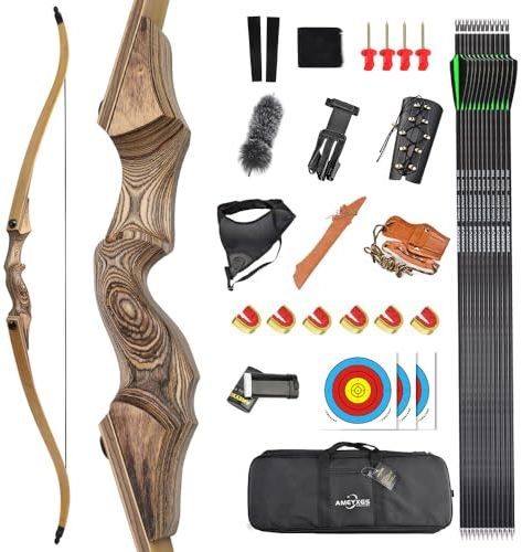 AMEYXGS 60 Takedown Recurve Bogen und Pfeil Set für Erwachsene Anfänger 20-60Lbs Jagdbogen Sportbogen Rechtshänder Holz Riser Bogen für Jagd Zielschießen (60lbs)