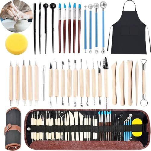 XFLYP 37 Stück Modellierwerkzeug, Carving Tools Clay Keramik Sculpting Ton Werkzeug mit Eine Aufbewahrungstasche und Schürze, Töpferwerkzeug Doppelseitige Carving Werkzeuge Sculpting Tools