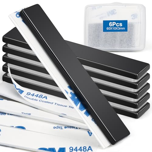 Wzone Imanes autoadhesivos fuertes, 60 × 10 × 3 mm, 6 unidades de imanes de neodimio fuertes, imanes adhesivos planos, negros para oficinas, tablas de madera y paredes
