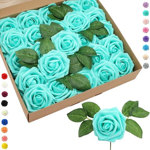 COSORO 25 Piezas Rosas Artificiales Azul Claro,Flores Artificiales Decoracion Cumpleaños Bodas Fiestas Jardín Hogar,Rosas Falsas de Espuma con Tallo Regalos para Manualidades San Valentín Mujeres