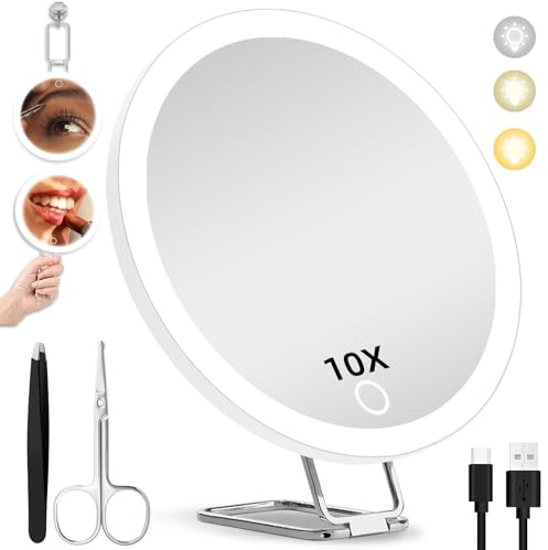 Hmggoofa 10X Magnifying Mirror with Lights, 6inch Makeup Magnified Mirror 10X LED Lighted Travel Magnification with 3 Suction Cups and 360° Adjustable Stand - Includes Tweezers & Scissors Set