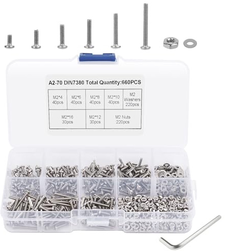 VMUTGA 660 Pièces M2 Vis Boulon écrous et Rondelles Kit, M2 Vis à Tête Hexagonale Intérieure Vis Boulons écrous à Six Pans en Acier Inoxydable Rondelles Assortiment Kit avec Clé et Boîte de Rangement