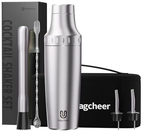 Magcheer Cocktail Shaker Set mit Integrierter Maßskala 900ml Premium Edelstahl Frostsicherer Doppelwand-Barkeeper Set Geschenkset mit Aufbewahrungsbox für Anfänger und Barkeeper(Silber)