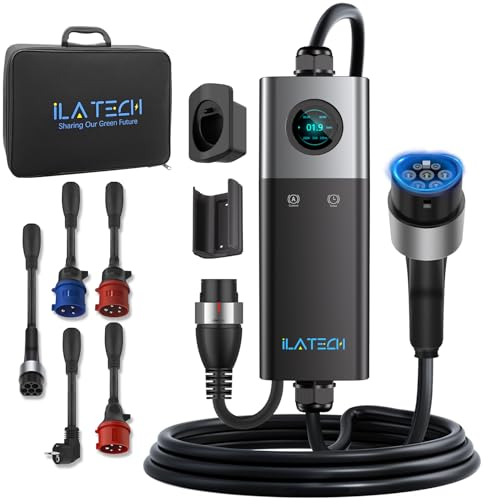 iLa Tech Mobile Wallbox 22kW, EV Ladegerät 32A mit Typ 2 Ladekabel 5M, LCD Display, IP66 Wasserdicht mit Kabelhalterung Aufbewahrungstasche Schuko 16A/CEE 32A Rot/CEE 16A Rot/CEE 32A Blau/Typ 2 Socket