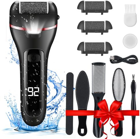 Elektrische Fußfeile, Wetisedg® Wiederaufladbarer Hornhautentferner für Füße, Hornhautentferner, Pediküre Kit mit 3 Rollen LED-Licht, Fußpflegeset (Deep Dark Black)
