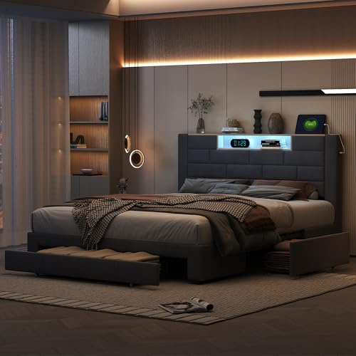 Lit 160x200 cm Avec Sommier LED et USB, Double en Tissu Velours Capitonné, 3 Tiroirs et Rangement Dans la Tête de Lit, Pour Adultes et Adolescents (Gris)