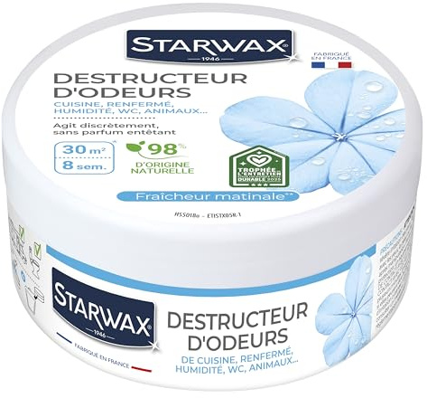 STARWAX - Destructeur d'odeurs - Elimine les odeurs de cuisine, de renfermé, d'humidité, WC, animaux - Jusqu'à 8 semaines - 98% d'origine naturelle - Parfum Fraîcheur Matinale - Fabriqué en France