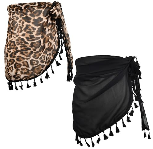 Anseom 2 Pezzi Sarong da Spiaggia con Nappe, Pareo da Spiaggia Chiffon per Donna, Nero Leopardo Gonna da Spiaggia Sarong, Mezzo Beach Copricostume per Bikini Costumi da Bagno, 180 x 50 cm