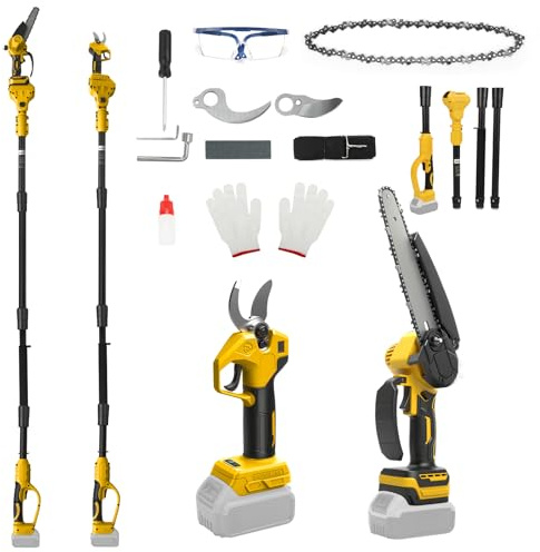 Mini motosierra inalámbrica 4 en 1 de 8 pulgadas y tijeras de podar, compatible con batería Dewalt de 20 V (sin batería), motosierra de barra con barra de extensión de 2 m, tijeras de podar eléctricas
