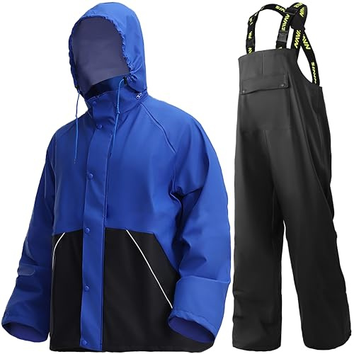 Navis Marine Traje de Lluvia Hombre – PU Resistente Impermeable y duradero con capucha y pantalón de tirantes, ideal para trabajo, pesca, construcción y actividades al aire libre(Royal Blue,L)