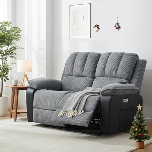 BSTSEL Electric Recliner Armchair For the Elderly with Massage & Heat, Extended Footrest, USB+Type C Ports, Electric Recliner Chair for Living Room Bedroom (Grey Cord Fabric 2 Seater Sofa)
