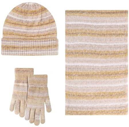 Vinter halsduk hatt & handskar set vindtät stickad mössa handskar halsduk elastisk fleece set 3 delar vinter mössa för unisex tjock stickad varm mössa kallt väder accessoarer kläder, BEIgE, one size