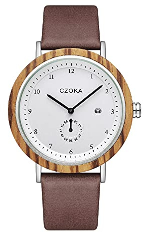 CZOKA Montre en Bois pour Homme et Femme - Mouvement à Quartz Japonais - Affichage de la Date - Boîtier en Bois Naturel - Bracelet en Cuir - Diamètre : 42 mm, Zebra Wood, Sangle