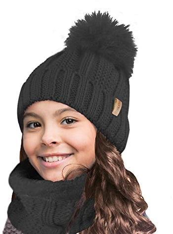 TOSKATOK Niños Niñas Invierno Rib Seed Stitch Térmico Cálido Acogedor Forro Polar Calentador De Cuello Snood Bufanda Con Conjunto De Gorro