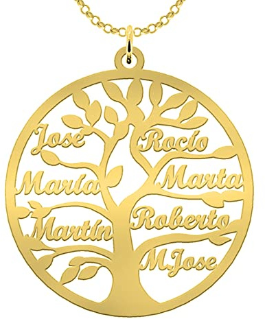 Collar Árbol de la Vida Personalizado Chapado en Oro 18K con Nombres Grabados - Hasta 9 Nombres - Regalo Emotivo para Madre o Abuela - Colgante Familiar Mujer - Mi Joya Personalizada (7 Nombres)
