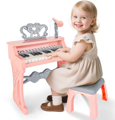 deAO Piano Enfant pour Filles,Jouets De Clavier De Piano Musical Enfant ,Jouet Piano Électronique avec Tabouret Et Microphone,25 Touches, 22Chansons,Rose
