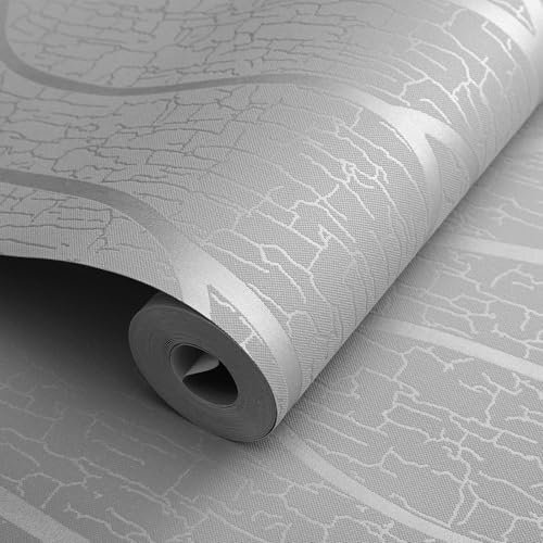 Trafagala 3D Silver Grey Embossed Effect Non-Woven Wallpaper Modern Abstract Curve Striped Wall Paper Roll Mural Flocking Micro Glitter Textured Satin Surface Wallpaper for Living Room Bedroom