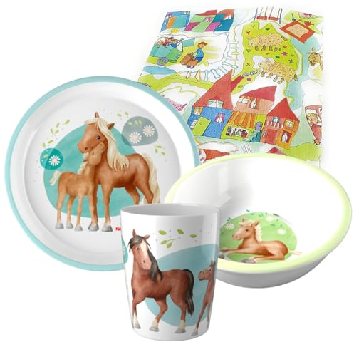 Haba Pferde Melamin-Geschirr Geschenkset Taufe 1.Geburtstag Kindergeschirr Mädchen (3-teilig)