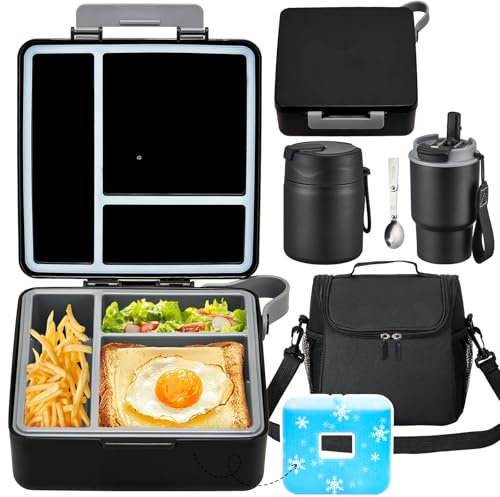 Pawtong Lunch Box Set with Bento Box Container, 17OZ Stainless Steel Food Soup Thermo, Kids Water Bottle & Portable Insulated Lunch Bag ā Leakproof, Hot/Cold Retention for School, Travel (Black)