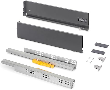 Emuca - Extern låda Vertex Push Sincro, 3D-reglering kök lådlöpare, H 131 mm, 40 kg, djup 450 mm, stål, antracit grå
