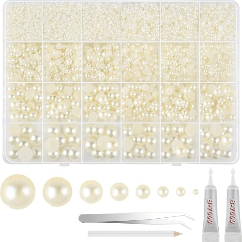 NEBURORA Juego de 13000 perlas blancas marfil con parte trasera plana, 8 tamaños con pinzas y lápiz recogedor, cuentas semiredondas de espalda plana para manualidades, uñas, ropa de maquillaje
