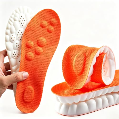 Memory Foam Insoles with Arch Support for Women Men,Comfort Massage Insoles Replacement Shoe Inserts for Trainers Sneakers Sports Shoes Work Boots,Breathable,Shock Absorption (Orange, 11/11.5UK)