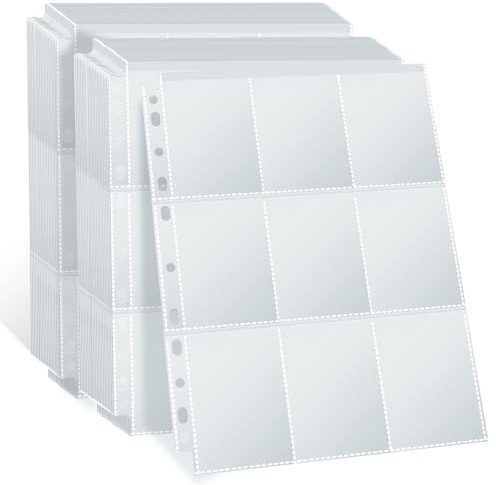 PESLNG Custodie per carte da collezione a doppia faccia, 9 tasche per carte da collezione per raccoglitori ad anelli con 3-11 fori, trasparenti e prive di acidi, adatte per carte standard (Trasparente